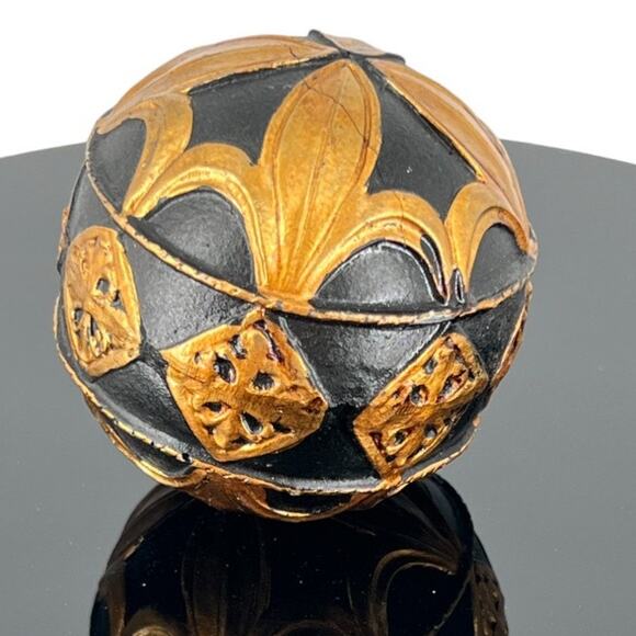 Ornate Black & Gold Decorative Sphere Ball Intricate Vintage Accent - Picture 1 of 6